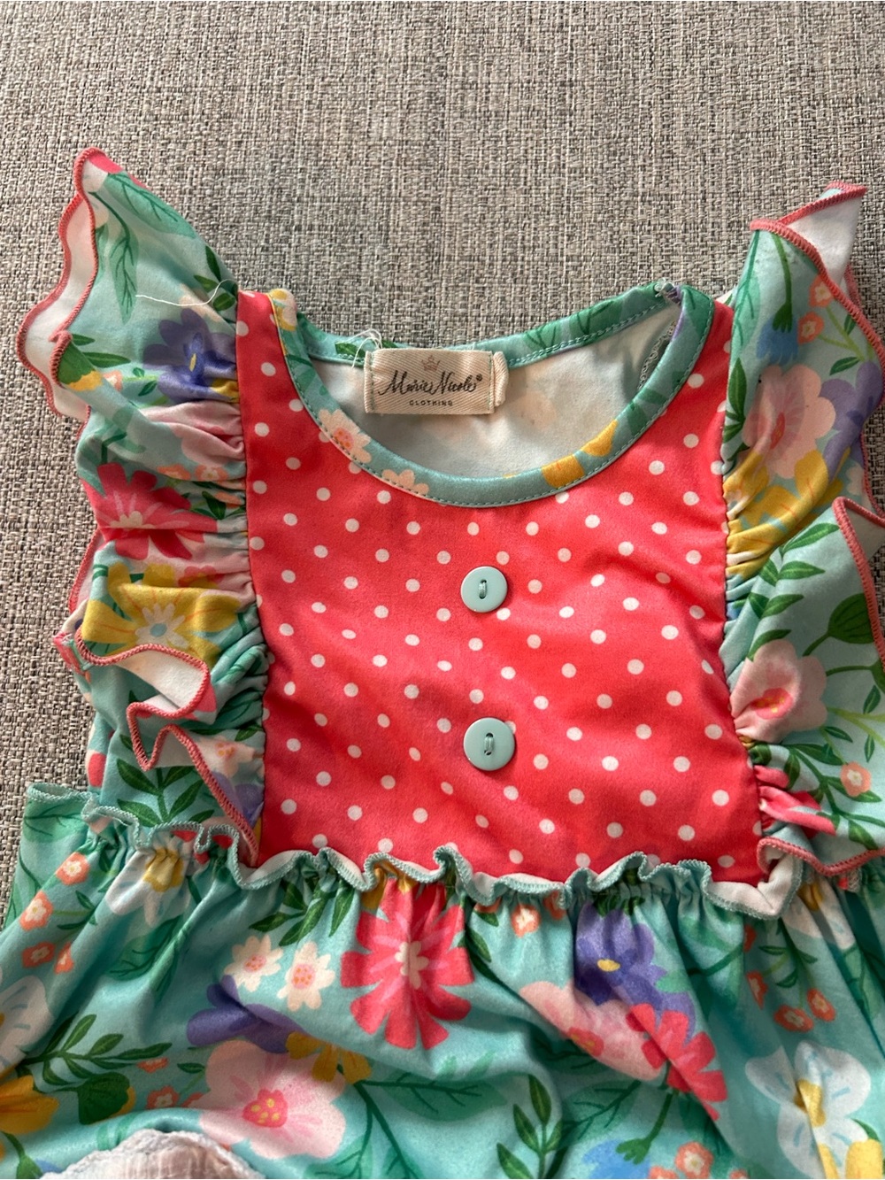 Marie Nicole Mint Floral Tiered Kids Dress w Coral Polka Bodice. Size XS - Picture 6 of 10